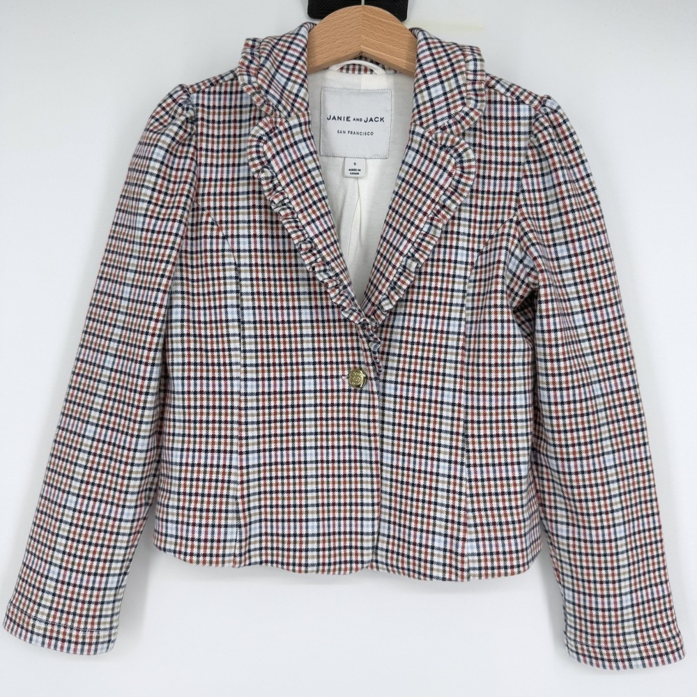 Janie and Jack Girl's Plaid Blazer Ruffled Collar Sz 5 Equestrian